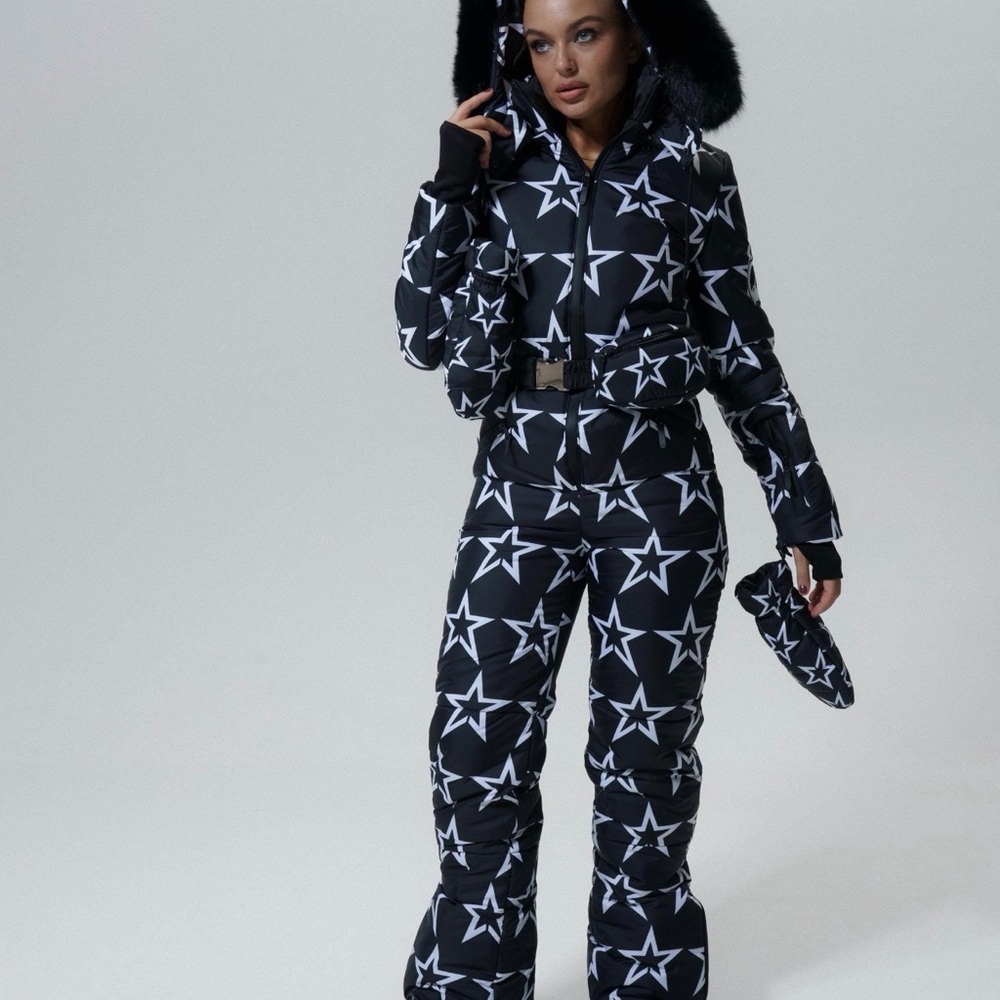 NWT Star Print Insulated Ski Snowsuit w/ Fur Hood + Belt Bag (Fits US S)